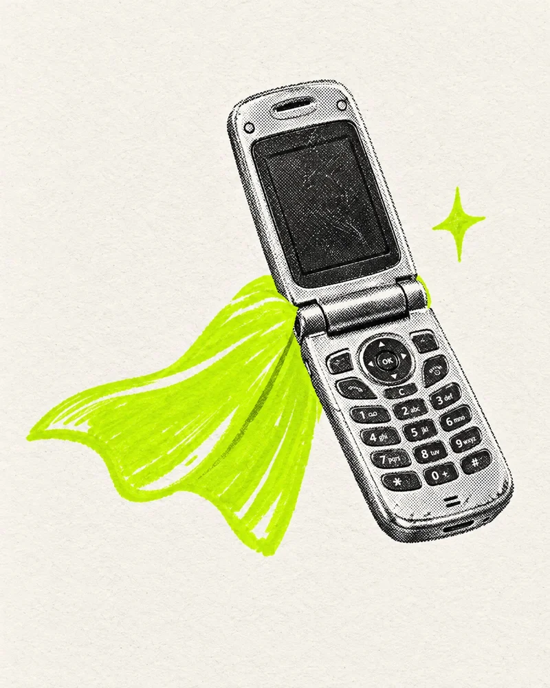 An old flip phone wearing a superhero cape